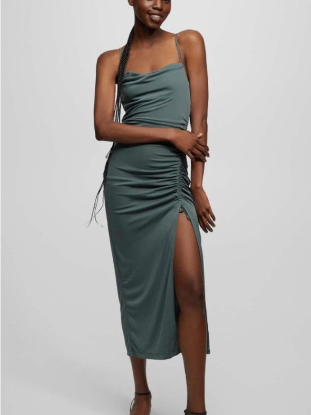 Pull&Bear Slate Green Ruched Side Midi Slip Dress NWT 💫